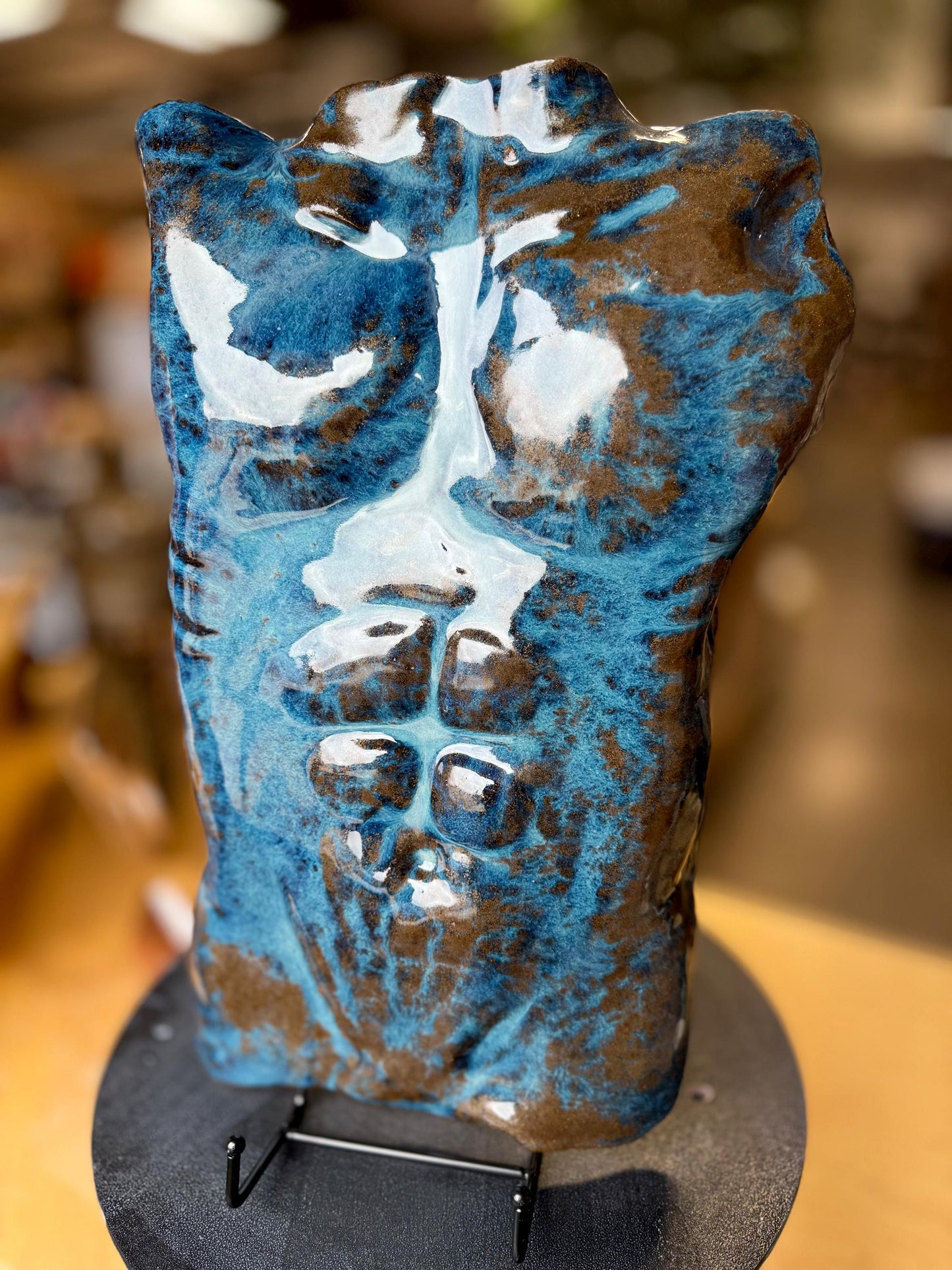 Wall-Hanging Male Torso Sculpture – Vibrant Blue Ceramic Figurative Art, Glazed 3D Wall Decor, Ready to Hang