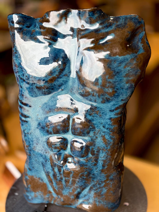 Wall-Hanging Male Torso Sculpture – Vibrant Blue Ceramic Figurative Art, Glazed 3D Wall Decor, Ready to Hang