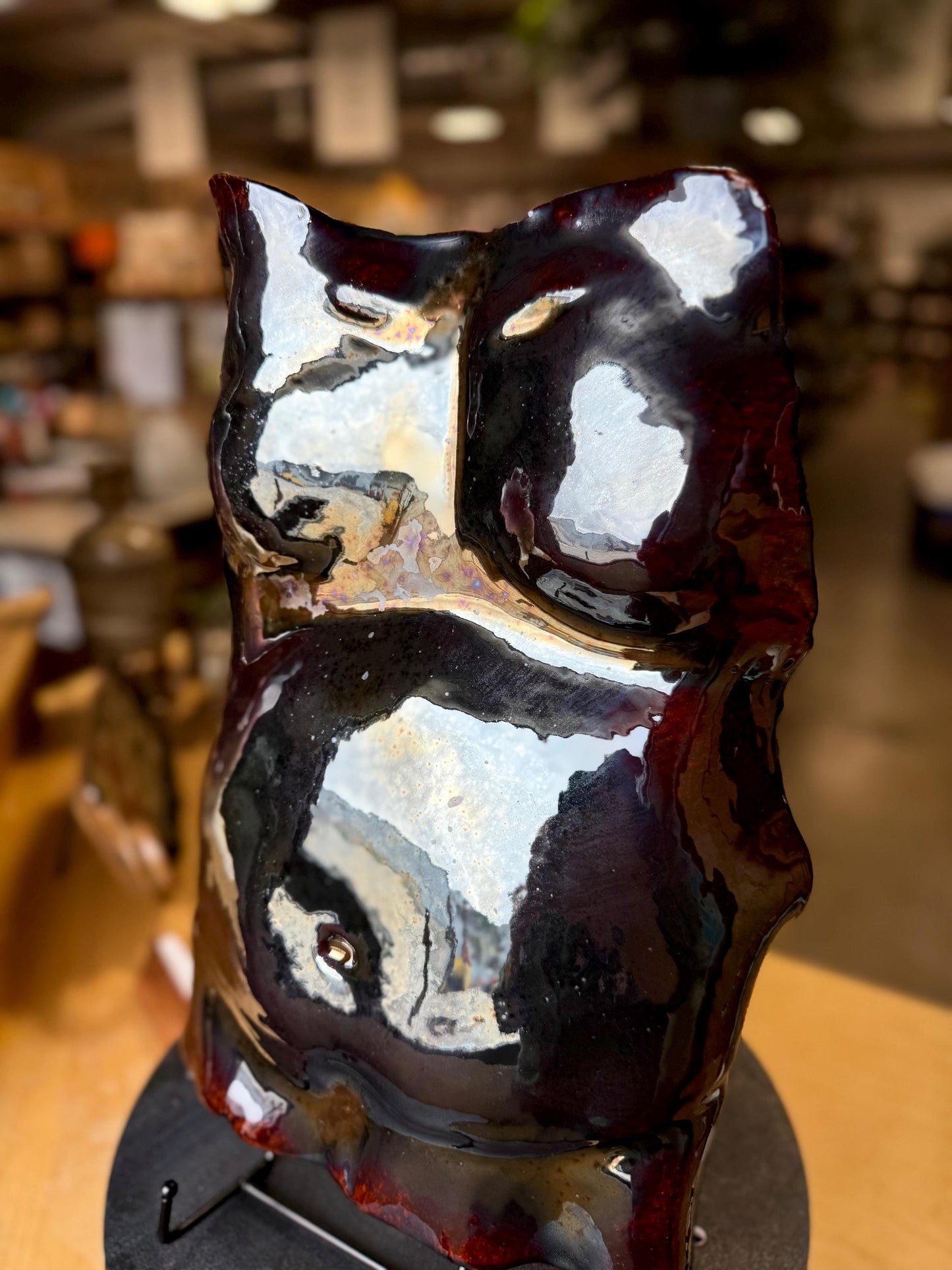 Wall-Hanging Male Torso Sculpture – Dark Crystalline Red Ceramic Figurative Art, Glazed 3D Wall Decor, Ready to Hang