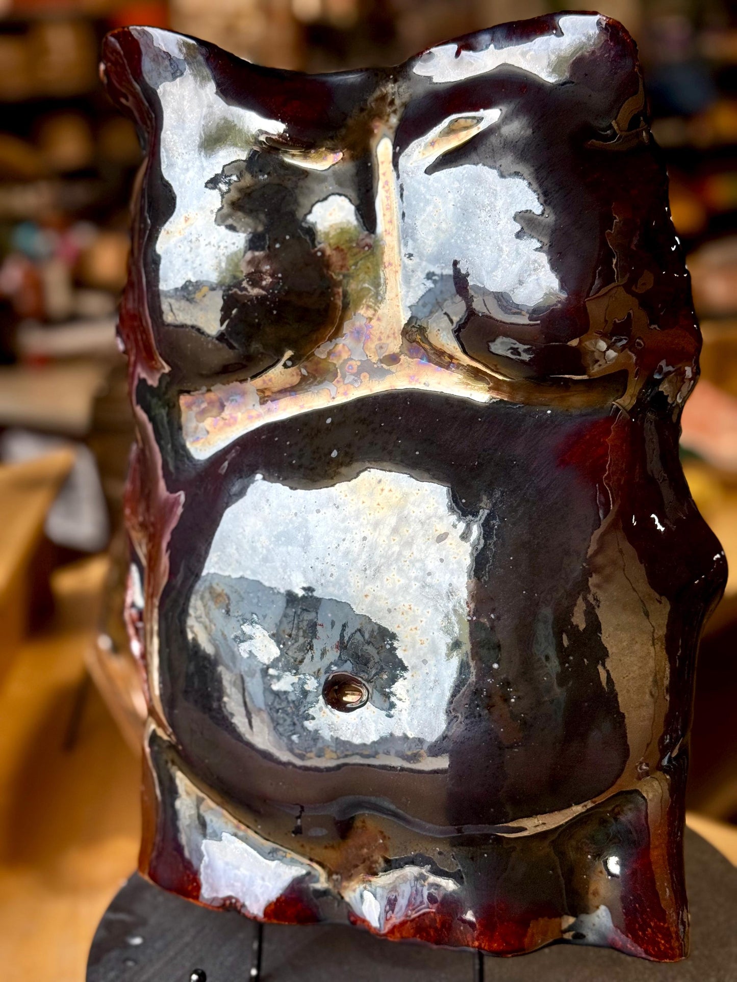 Wall-Hanging Male Torso Sculpture – Dark Crystalline Red Ceramic Figurative Art, Glazed 3D Wall Decor, Ready to Hang