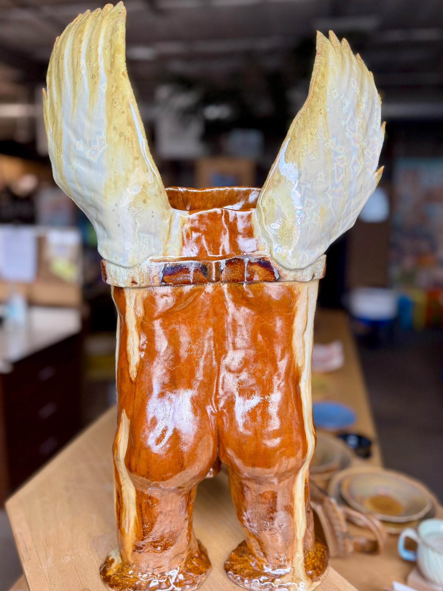 Greek Mythology Ceramic Sculpture – Icarus Ikaros Nude Male Torso Vase with Wings, Crystalline Glaze, Hollow Figurative Art, Queer Decor