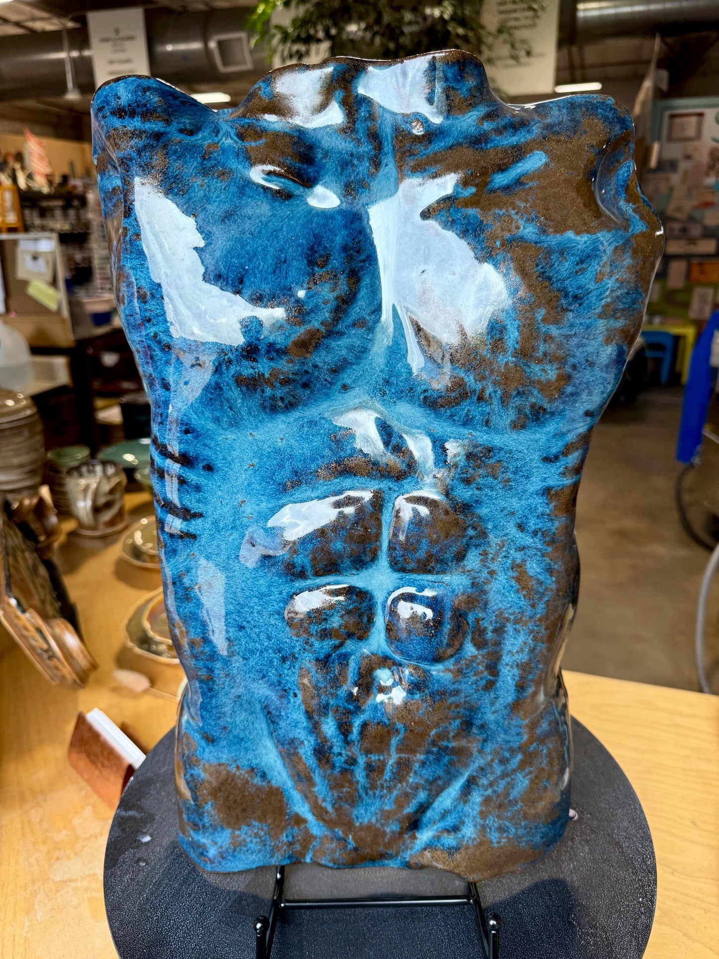 Wall-Hanging Male Torso Sculpture – Vibrant Blue Ceramic Figurative Art, Glazed 3D Wall Decor, Ready to Hang