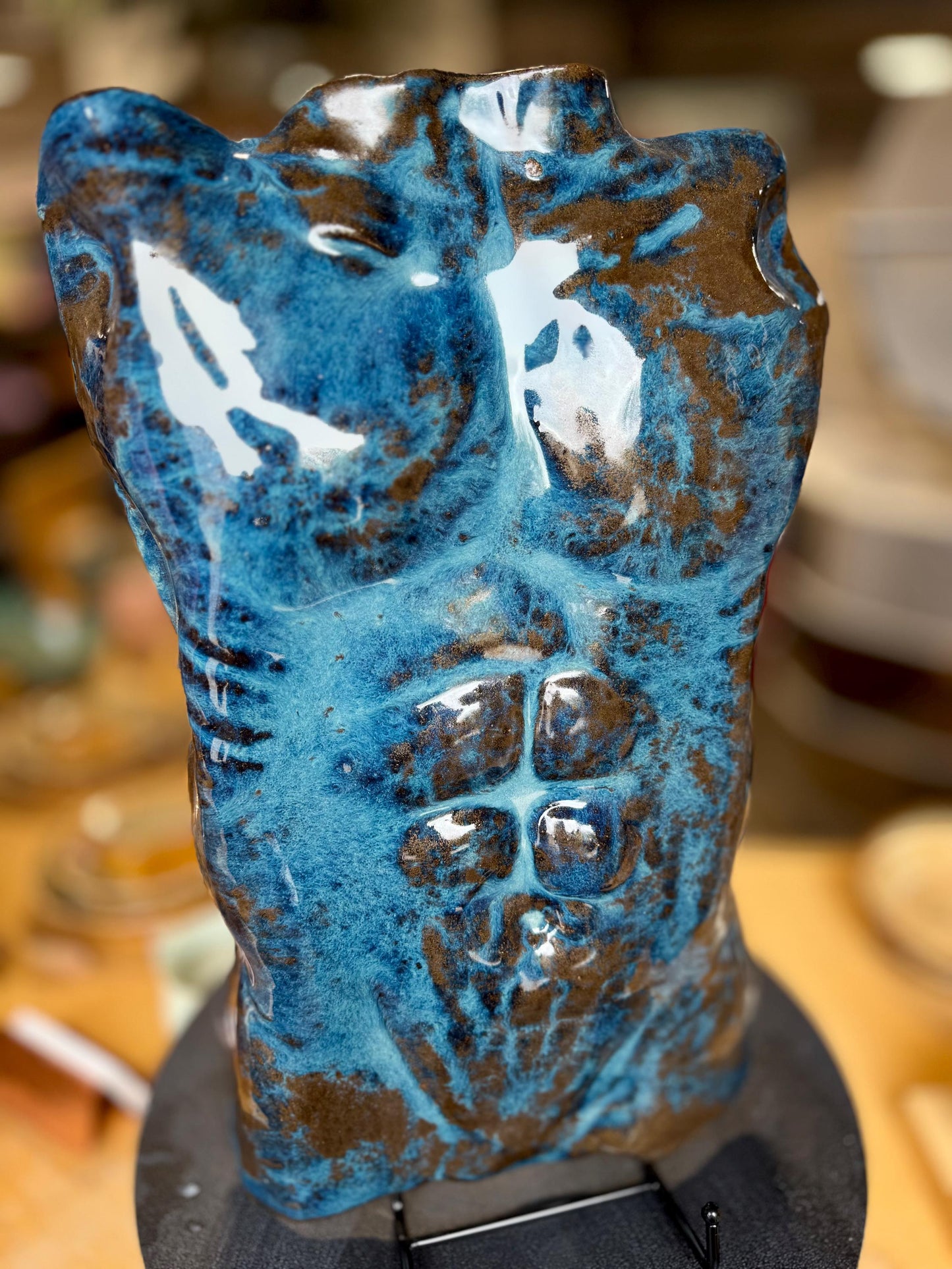 Wall-Hanging Male Torso Sculpture – Vibrant Blue Ceramic Figurative Art, Glazed 3D Wall Decor, Ready to Hang