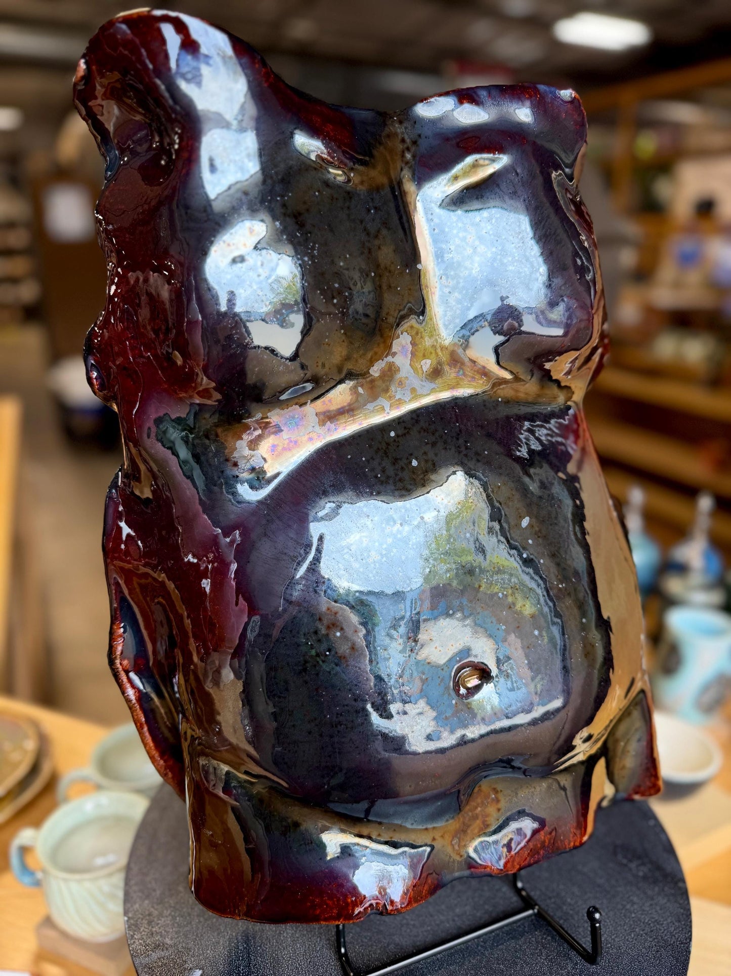 Wall-Hanging Male Torso Sculpture – Dark Crystalline Red Ceramic Figurative Art, Glazed 3D Wall Decor, Ready to Hang