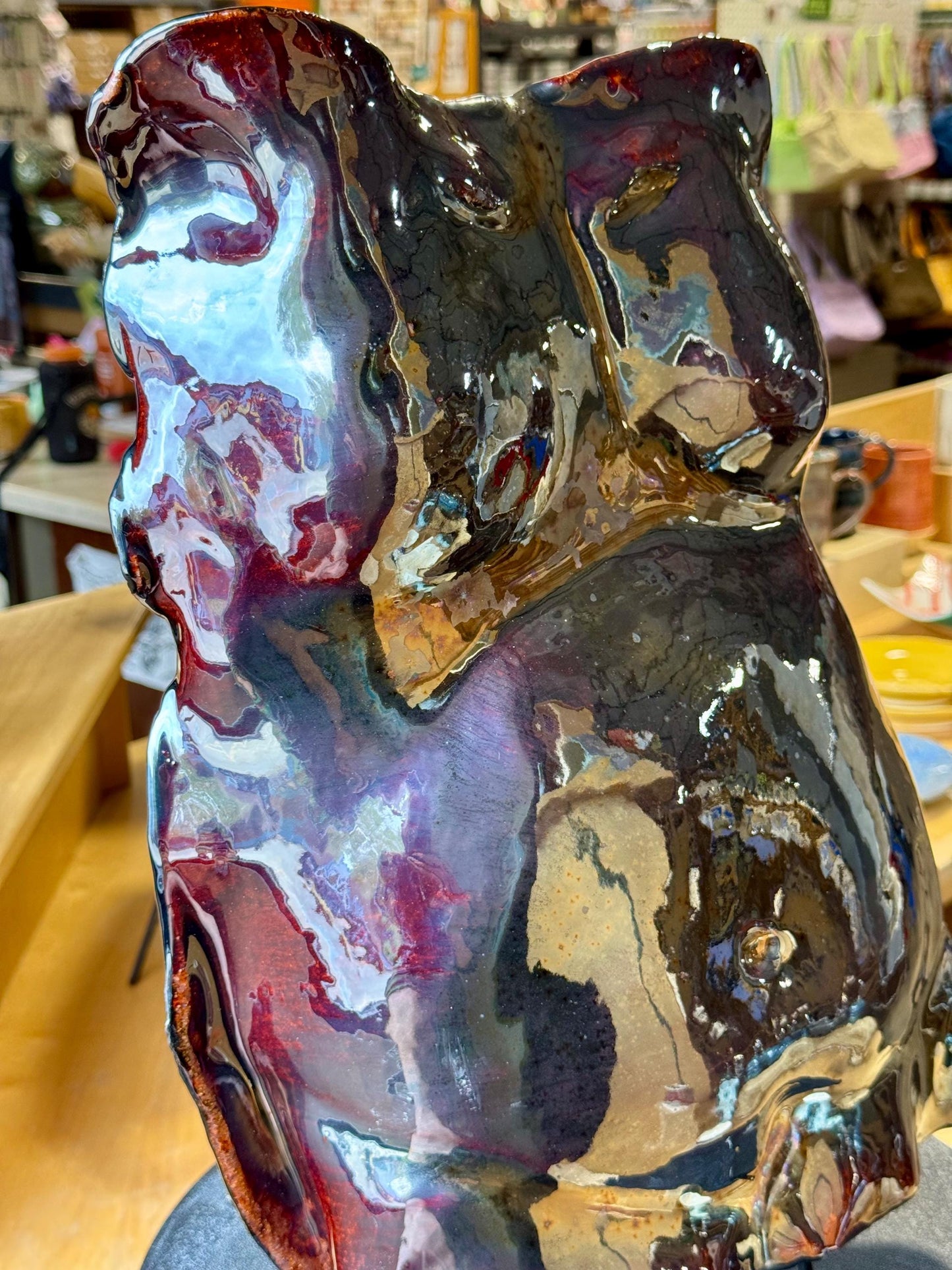 Wall-Hanging Male Torso Sculpture – Dark Crystalline Red Ceramic Figurative Art, Glazed 3D Wall Decor, Ready to Hang