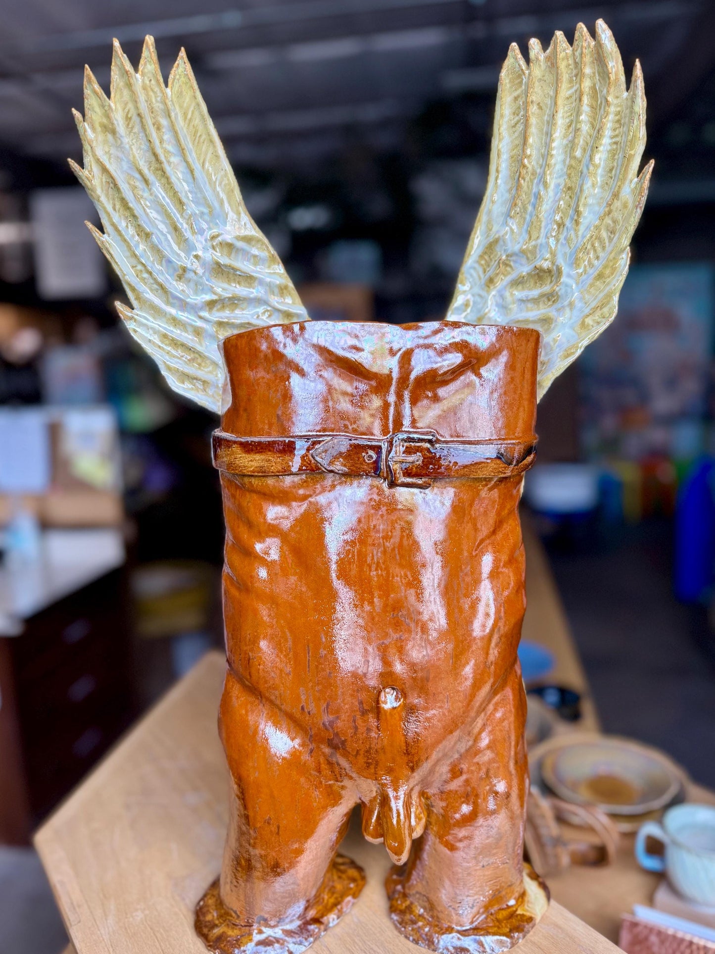 Greek Mythology Ceramic Sculpture – Icarus Ikaros Nude Male Torso Vase with Wings, Crystalline Glaze, Hollow Figurative Art, Queer Decor