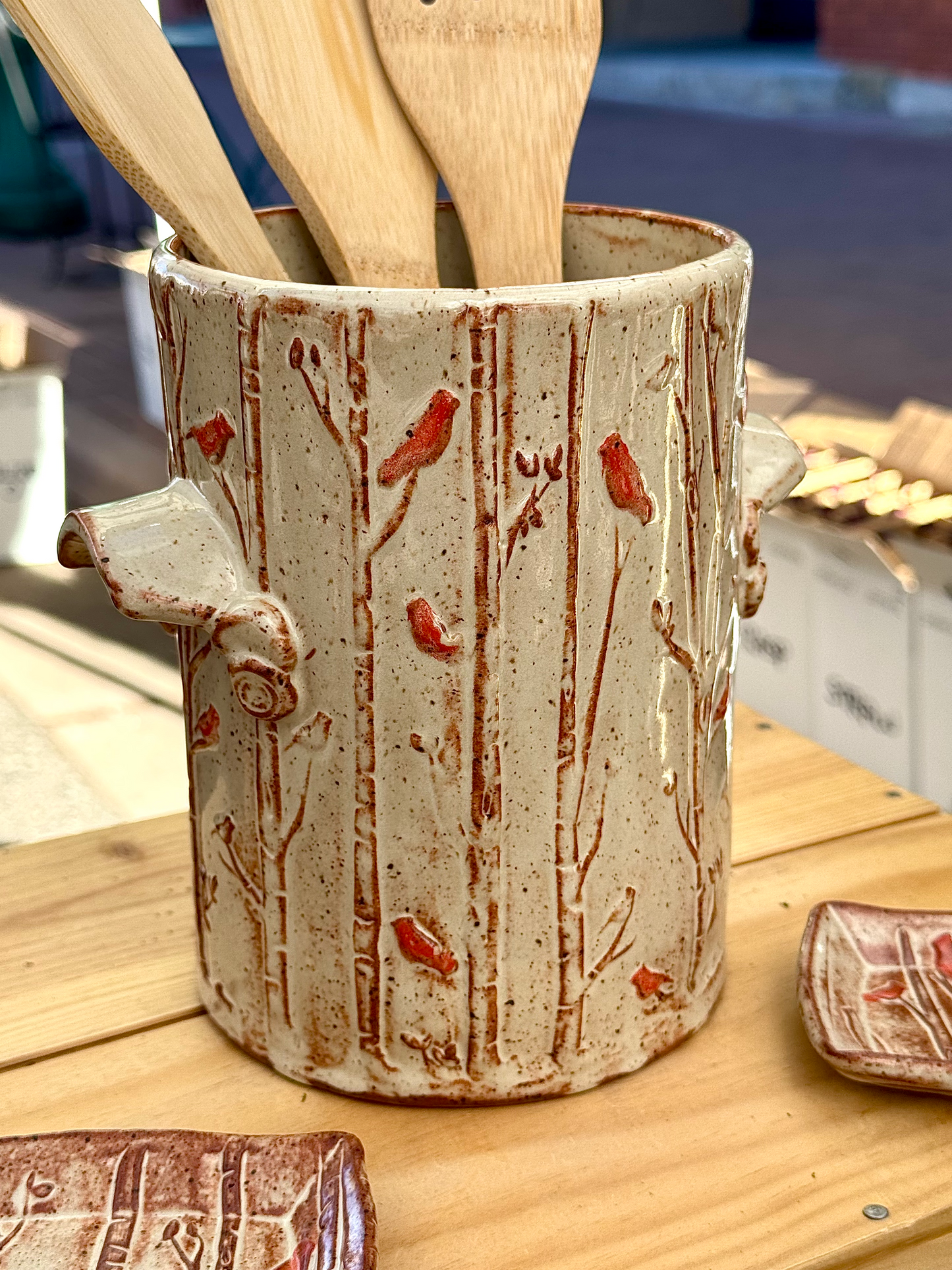 Utensil Crock in Folk White - Cardinals on Birch Trees Pattern